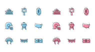 Tüylü Kızılderili başlığı, karnaval çelengi bayrakları, Beyaz Saray, kağıt para yığını, barbekü ızgarası, ABD haritası, Amerikan futbol kaskı ve kale direği ikonu. Vektör