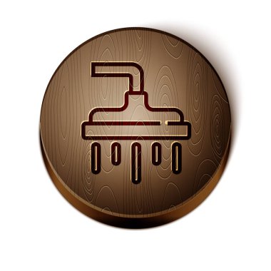 Kahverengi çizgi duş başlığı, beyaz zemin üzerinde su damlaları akan ikon izole edildi. Tahta daire düğmesi. Vektör.