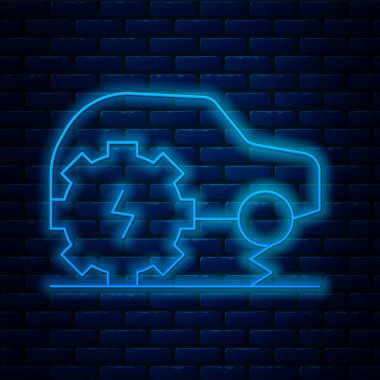 Parlayan neon hattı elektrikli araba servisi ikonu tuğla duvar arka planında izole edildi. Yenilenebilir ekolojik teknolojiler. Vektör