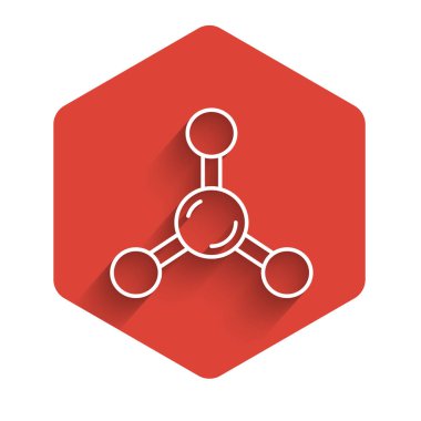 Beyaz çizgi Molekül simgesi uzun gölge arkaplanı ile izole edildi. Kimya moleküllerinin yapısı, fen öğretmenlerinin yenilikçi eğitim posteri. Kırmızı altıgen düğmesi. Vektör