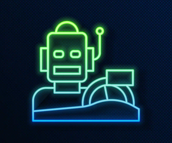 Glödande Neon Line Robot Humanoid Kör Bil Ikon Isolerad Blå — Stock vektor