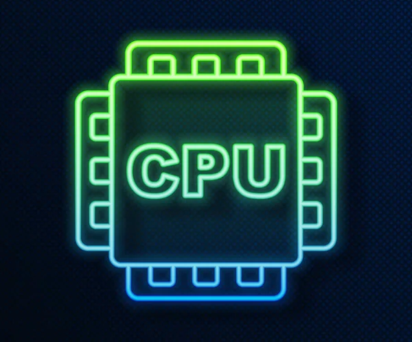 发光的霓虹灯线计算机处理器与微电路Cpu图标隔离在蓝色背景 芯片或Cpu与电路板 微处理器 — 图库矢量图片