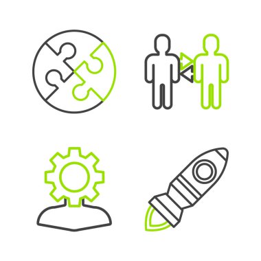 Roket gemisini ateşe verin, insan teçhizatı içinde, Proje ekibi üssü ve yapboz ikonu. Vektör