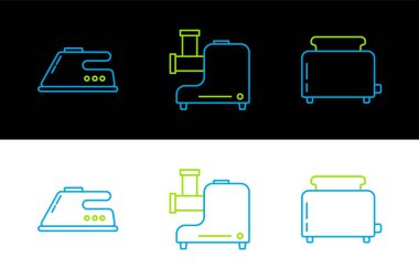 Ekmek kızartma makinesi, elektrikli ütü ve mutfak et öğütücü ikonu. Vektör
