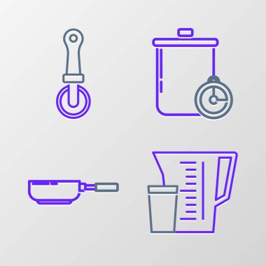 Ölçme kabı, kızartma tavası, tencere, mutfak zamanlayıcısı ve pizza bıçağı ikonu. Vektör