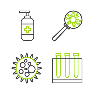 Kan testi ve virüsü büyüteç ve bir şişe sıvı antibakteriyel sabun ikonu altında ayarla Virüs. Vektör