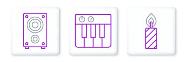 Sıra halinde doğum günü pastası mumları, müzik hoparlörü ve müzik sentezleyici ikonu. Vektör