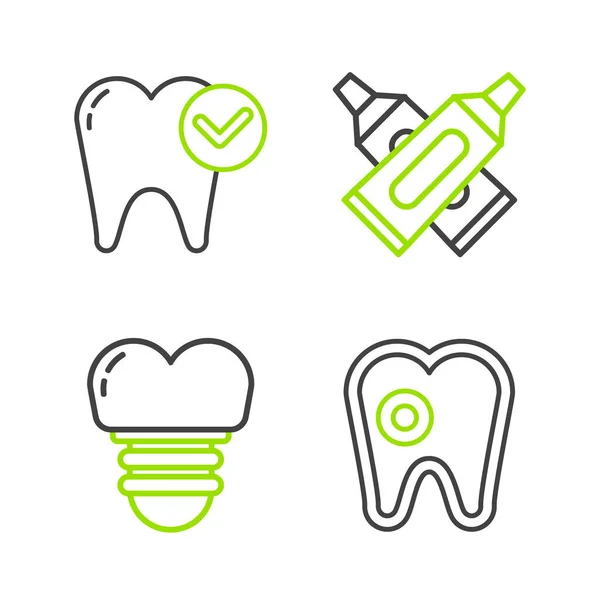 Ustaw Linię Ząb Próchnicą Implant Stomatologiczny Przekreślona Tubka Pasty Zębów — Wektor stockowy