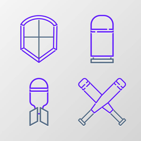 Set line Crossed baseball bat, Aviation bomb, Cartridges and Shield icon. Vector