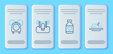 Barbel, vitamin hapı, alarmlı saat ve sağlıklı yiyecek ikonu ile sıra oluşturun. Vektör