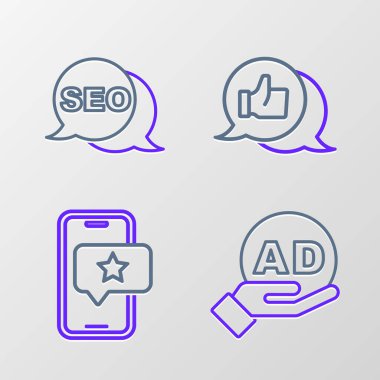 Satır Reklamcılığını ayarla, gözden geçirme dereceli Mobil, Müşteri Ürünleri ve SEO optimizasyon simgesi. Vektör