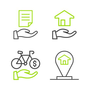 Hat konumu, bisiklet kiralama mobil uygulaması, emlakçı ve ev sözleşmesi ikonu. Vektör