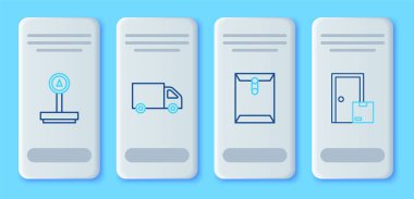 Hat teslimat kamyonu, Zarf, Ölçek ve Ev Dağıtım Hizmetleri ikonu. Vektör