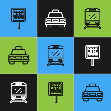 Taksi durağı, tren ve taksi ikonu için yol tabelası koyun. Vektör