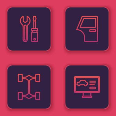 Tornavida ve ingiliz anahtarı, Chassis arabası, araba kapısı ve teşhis konumu ayarlandı. Mavi kare düğme. Vektör