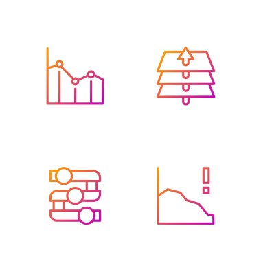 Finansal büyüme azalması, grafiği, diyagramı, turta bilgisini ve katmanları ayarla. Renk simgeleri. Vektör