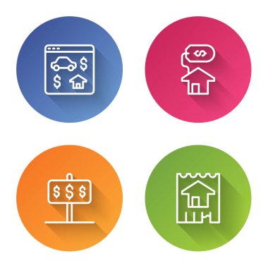 Set hattı Online emlak, House with dollar, ve. Renkli daire düğmesi. Vektör
