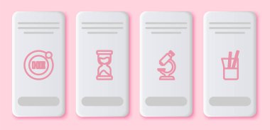 Helyum, Eski Kum Saati, Mikroskop ve Laboratuvar Camları. Beyaz dikdörtgen düğme. Vektör