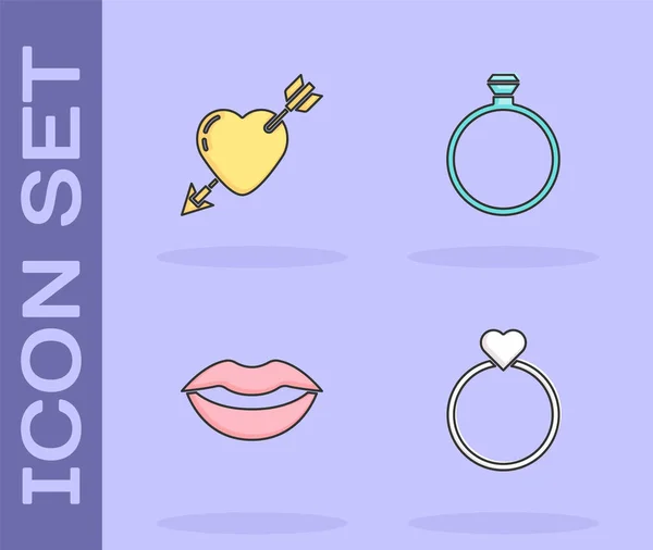 Set Bagues Mariage Amour Avec Coeur Flèche Lèvres Souriantes Icône — Image vectorielle