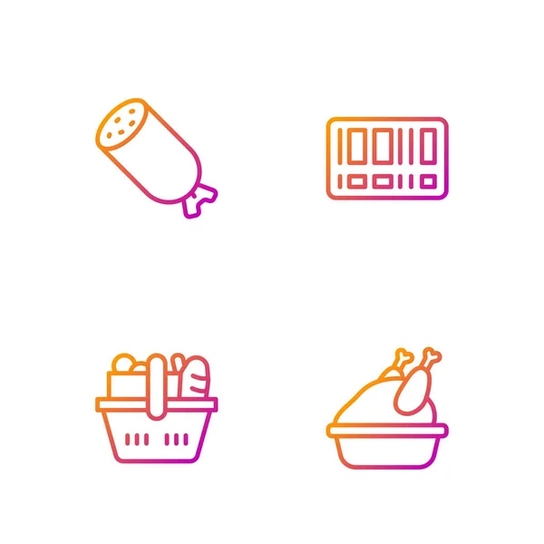 设置系列烤火鸡或鸡肉 购物篮和食品 腊肠和条形码 明亮的色彩图标 — 图库矢量图片
