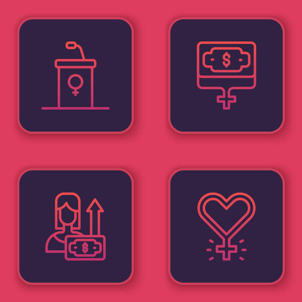 Установить линию Подиум дебатов трибуны, Женщина роста денег, и феминизм. Синяя квадратная кнопка. Вектор