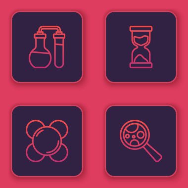 Test tüpü, molekül, eski kum saati ve mikroorganizmaları büyüteç altında ayarla. Mavi kare düğme. Vektör