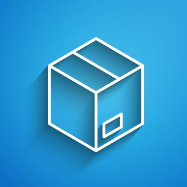 Mavi arka planda beyaz çizgi karton kutu simgesi izole edildi. Kutu, paket, paket işareti. Teslimat ve ambalaj. Uzun gölge. Vektör