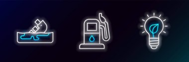 Ampulü yaprak, enkaz halindeki petrol tankeri ve benzin istasyonu ikonu ile ayarlayın. Parlayan neon. Vektör