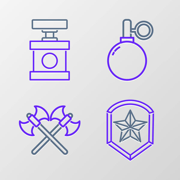 Set line Police badge, Crossed medieval axes, Hand grenade and Handle detonator for dynamite icon. Vector