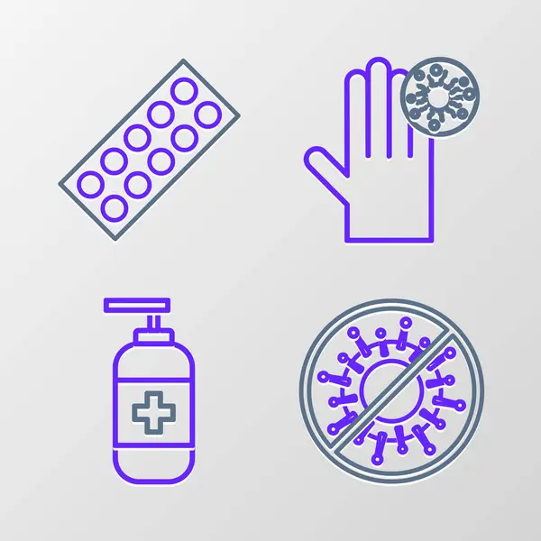 Ställ Linje Stoppa Virus Flaska Flytande Antibakteriell Tvål Hand Med — Stock vektor