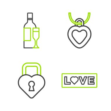 Sevgi metni, kalp şeklinde Castle, şekilli kolye ve şampanya şişesi ikonu. Vektör