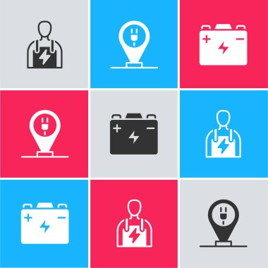 Araba tamircisini ayarlayın, elektrikli araba ve akü ikonunu şarj edin. Vektör