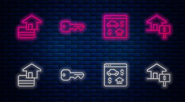 Set hattı anahtarı, online gayrimenkul, kredi kartı ve dolar. Tuğla duvarda parlayan neon simgesi. Vektör