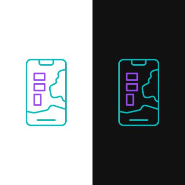 Şehir haritası gezinme simgesinin çizgi bilgileri beyaz ve siyah arkaplanda izole edildi. Mobil Uygulama Arayüzü tasarımı. Coğrafi konsept. Renkli taslak konsepti. Vektör