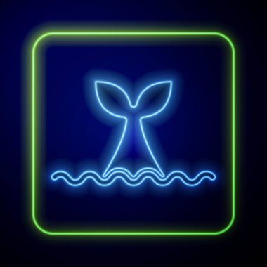 Okyanus dalgası ikonunda parlayan neon balina kuyruğu mavi arka planda izole edildi. Vektör.