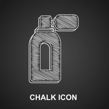 Siyah arka planda izole edilmiş atom ikonu olan tebeşir tıraş losyonu şişesi. Parfüm spreyi ikonu. Erkek parfüm şişesi. Vektör