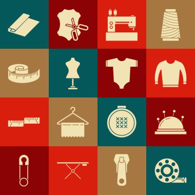 Mezura, iğne, süveter, dikiş makinesi, manken, kumaş rulo ve bebek giysisi ikonu hazırlayın. Vektör