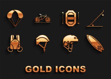 Bisiklet kaskı, Kaykay Kask Paraşüt Rafting botu ve ikonu ayarlayın. Vektör.