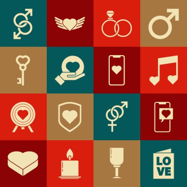 Sevgililer Günü partisi broşürü, kalp konuşma balonlu akıllı telefon, nota, nota, alyans, alyans, kalp eli, anahtar şekli, erkek cinsiyet sembolü ve Mobil ikon. Vektör