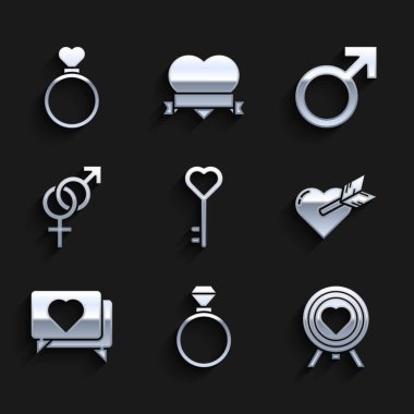 Anahtar 'ı kalp şeklinde, alyans şeklinde, Kalp' i dart 'ın merkezinde hedef al, Amour with and Arour' u oku cinsiyet, erkek cinsiyet sembolü ve ikonu gibi. Vektör