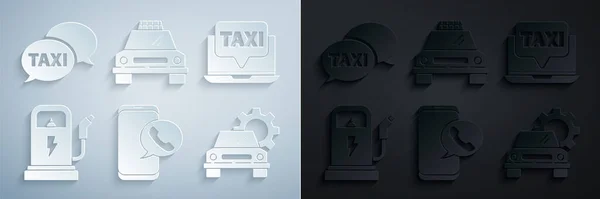 集出租车电话服务 笔记本电脑出租车 电动汽车收费站 汽车及图标为一体 — 图库矢量图片