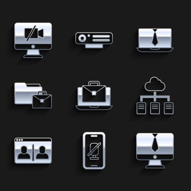 Çevrimiçi çalışmayı ayarla, Sessiz mikrofon cep telefonunda, görüntülü sohbet konferansında, ve kamera kapalı bilgisayar simgesinde. Vektör