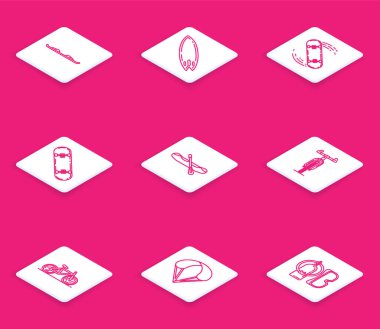 Snowboard, Sörf tahtası, Kaykay numarası, Rafting botu, Bisiklet ve Paraşüt ikonu. Vektör