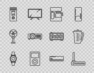 Akıllı saat kalp atış hızını, router ve wi-fi sinyalini, cam demlikli kahve makinesini, müzik çaları, uzaktan kumandayı, klimayı ve ölçü kupasının simgesini gösteriyor. Vektör
