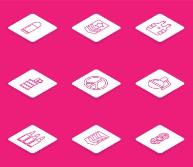 Kurşun, Chevron, kurşun geçirmez yelek, el bombası, barış ve askeri rütbe ikonu. Vektör