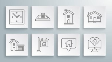 Hat Evi, merdivenli yüzme havuzu, yazı indirimi, harita işaretleme evi, kalp şeklini monitör, ev sembolü ve saat simgesi. Vektör