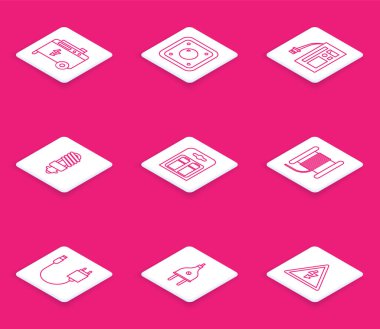 Hat portatif elektrik jeneratörü, elektrik anahtarı, batarya, LED ampul, paket halinde makaralı kablo, şarj aleti ve fiş ikonu. Vektör