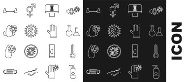Sıvı antibakteriyel sabun, tıbbi termometre, test tüpü ve matara, DNA sarmal bilgisayar, virüs, akıcı burun virüsü, güvenli mesafe ve lastik eldiven ikonu. Vektör