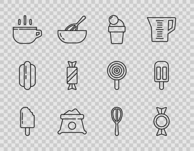 Dondurma, şeker, un torbası, kahve fincanı, mutfak çırpısı ve ikon. Vektör