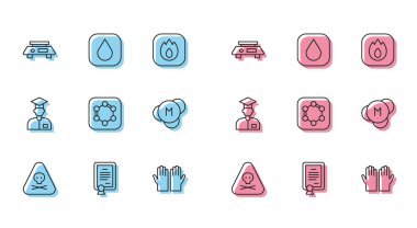 Satır üçgeni uyarı toksik, sertifika şablonu, elektronik pullar, tıbbi lastik eldivenler, benzen halkaları formülü, molekül, laboratuvar asistanı ve su atma ikonu. Vektör